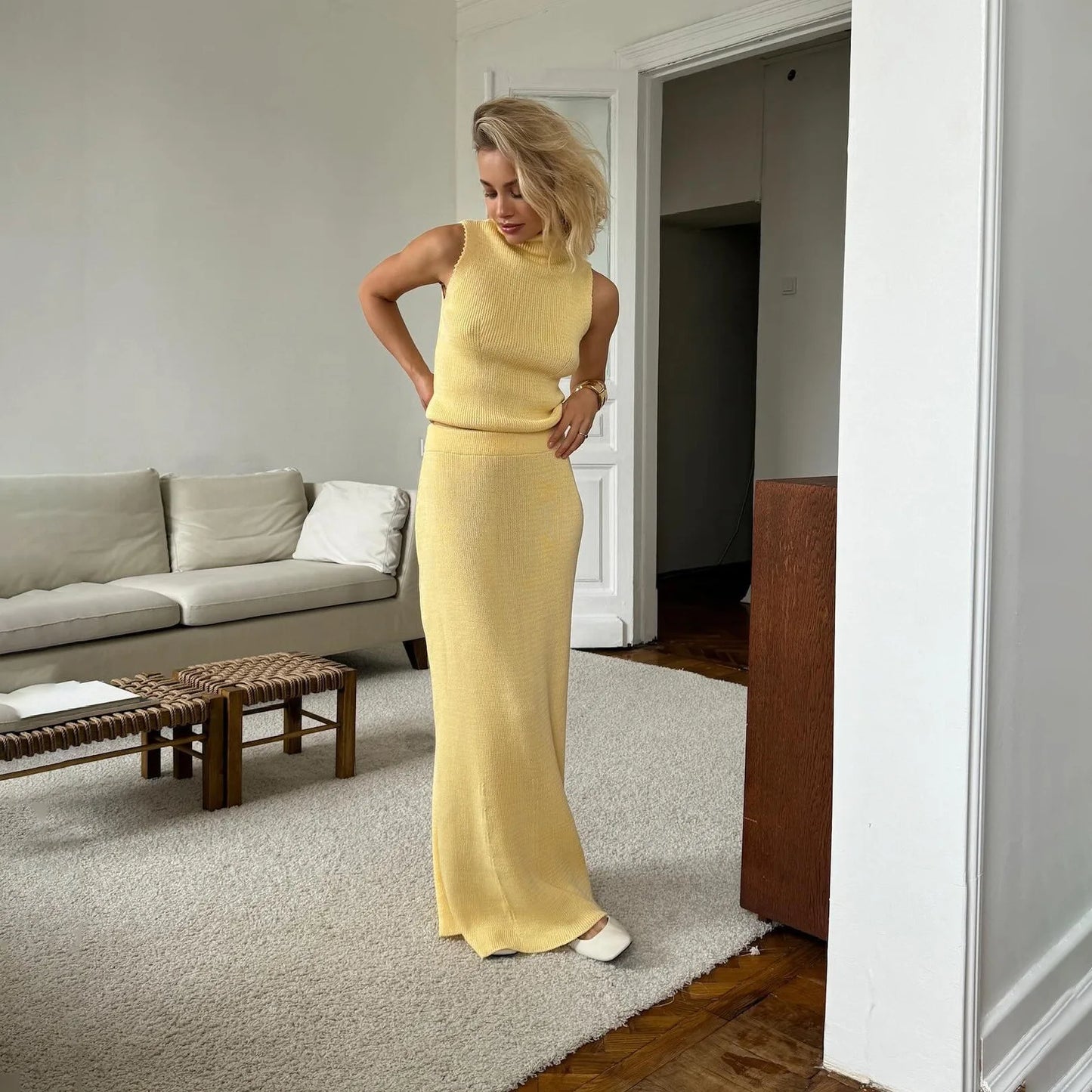 Women's 2-Piece Knitted Vest and Long Skirt Set – Sleeveless Turtleneck Top with Floor-Length Skirt, Solid Color Office Lady Style