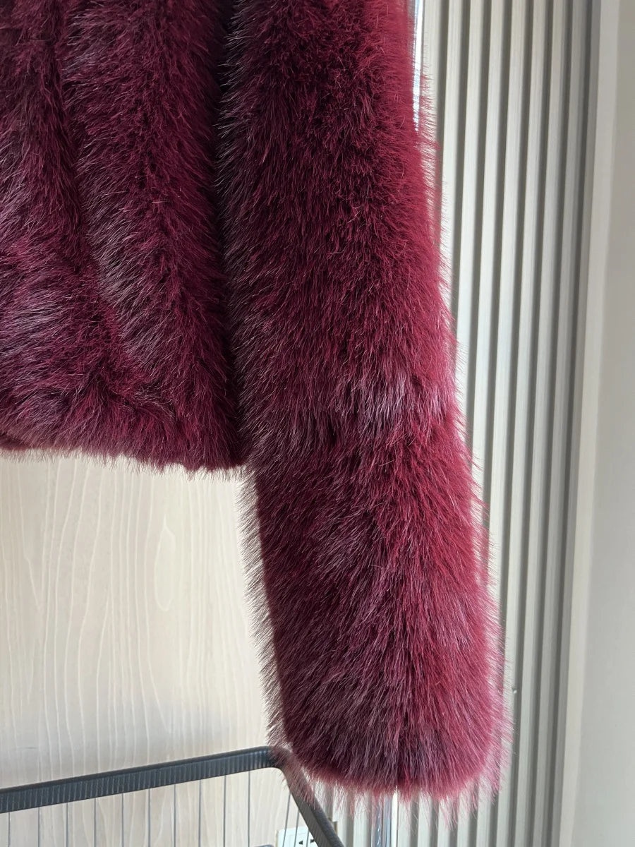 Women's Faux Fur Short Jacket – Round Neck Button-Up Coat for Autumn/Winter