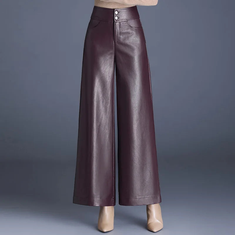 Women’s High Waist Wide Leg Faux Leather Pants – Elegant PU Leather Trousers for Autumn & Winter Casual Fashion