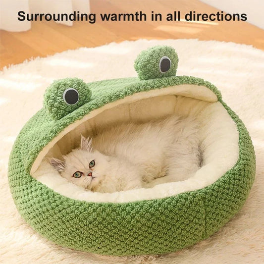 Cozy Winter Plush Frog Cat Bed – Deep Sleep Cave Nest for Cats & Small Dogs, Tent-Style Pet House