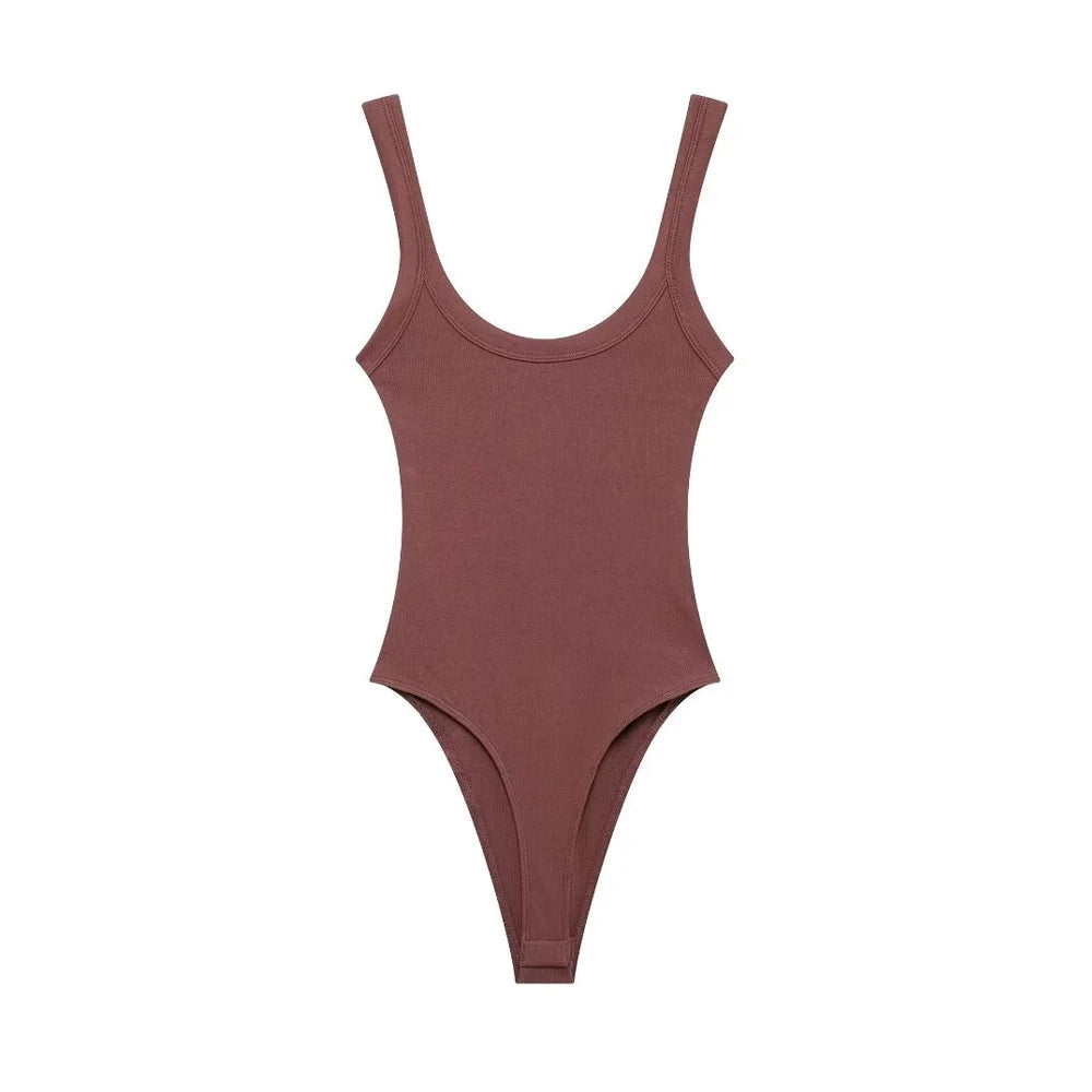 Skinny Ribbed Bodysuit for Women – O-Neck Strappy One-Piece with Snap Closure