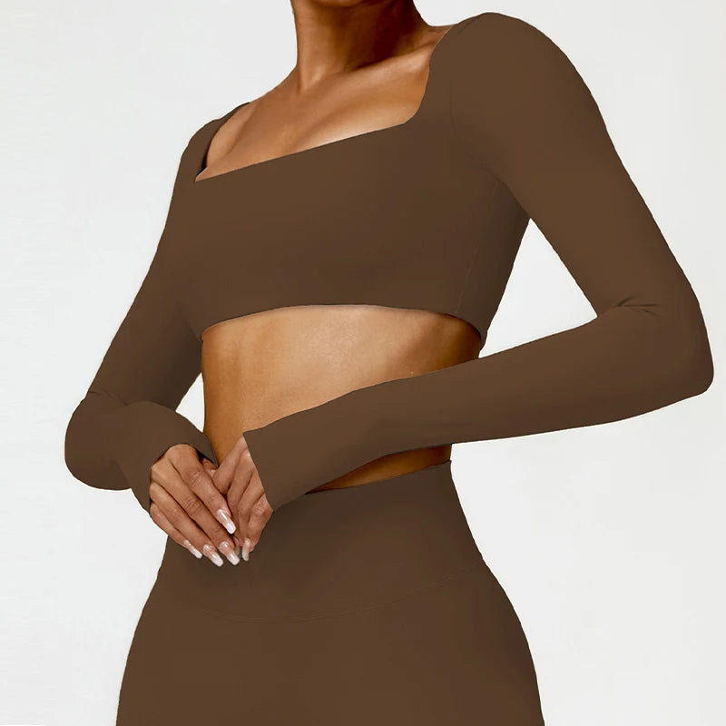 Square Neck Long Sleeve Sports Crop Top – Quick-Dry Yoga & Training Shirt for Women