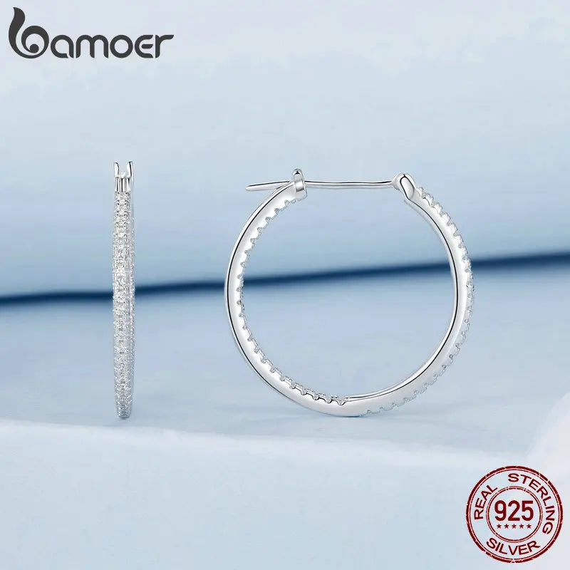 925 Sterling Silver Cubic Zirconia Hoop Earrings for Women – White Gold Plated Lightweight Classic Hoops