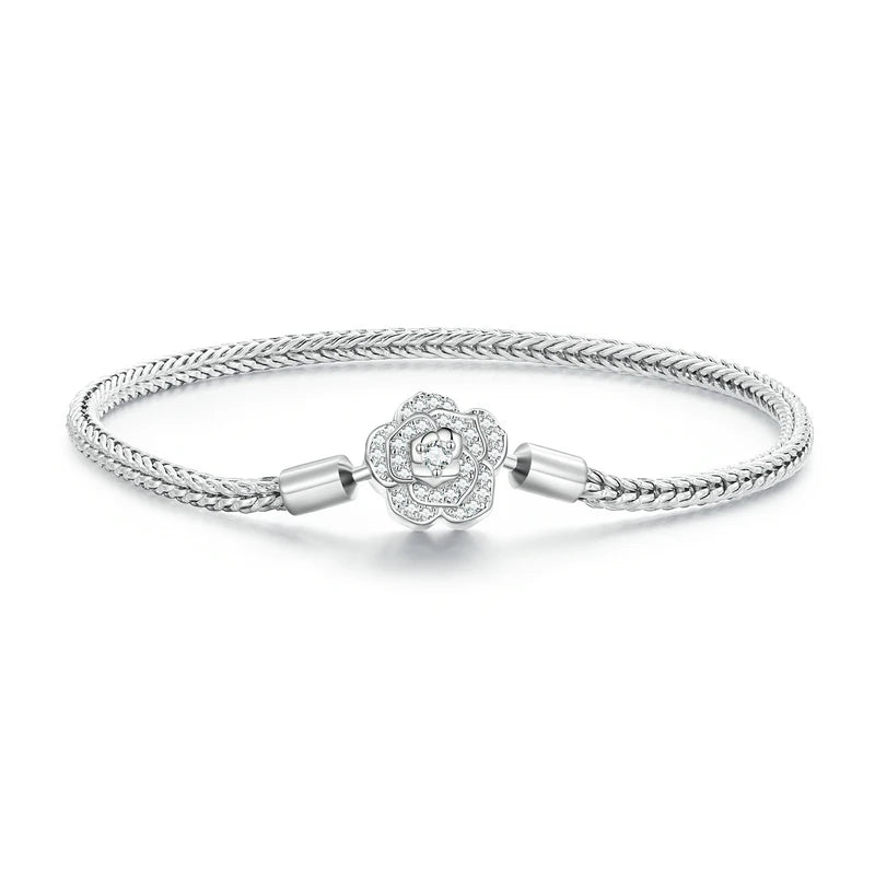 925 Sterling Silver Rose Buckle Snake Chain Bracelet with Zircon – DIY Charm Bracelet for Women