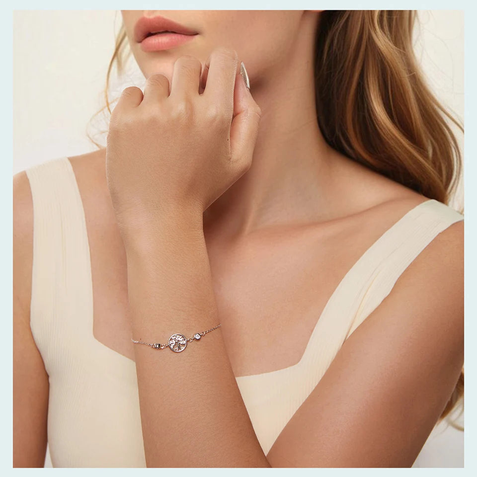 Tree of Life Bracelet – 925 Sterling Silver Adjustable Chain with Zircon Accents for Women