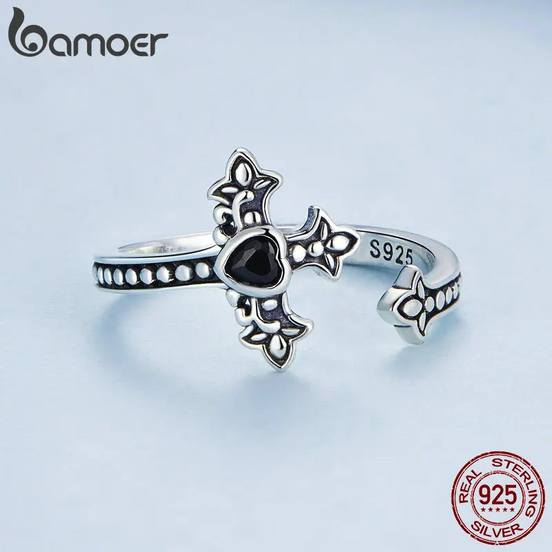 Sterling Silver Faith Cross Open Ring with Black Zircon – Vintage Statement Adjustable Ring for Women