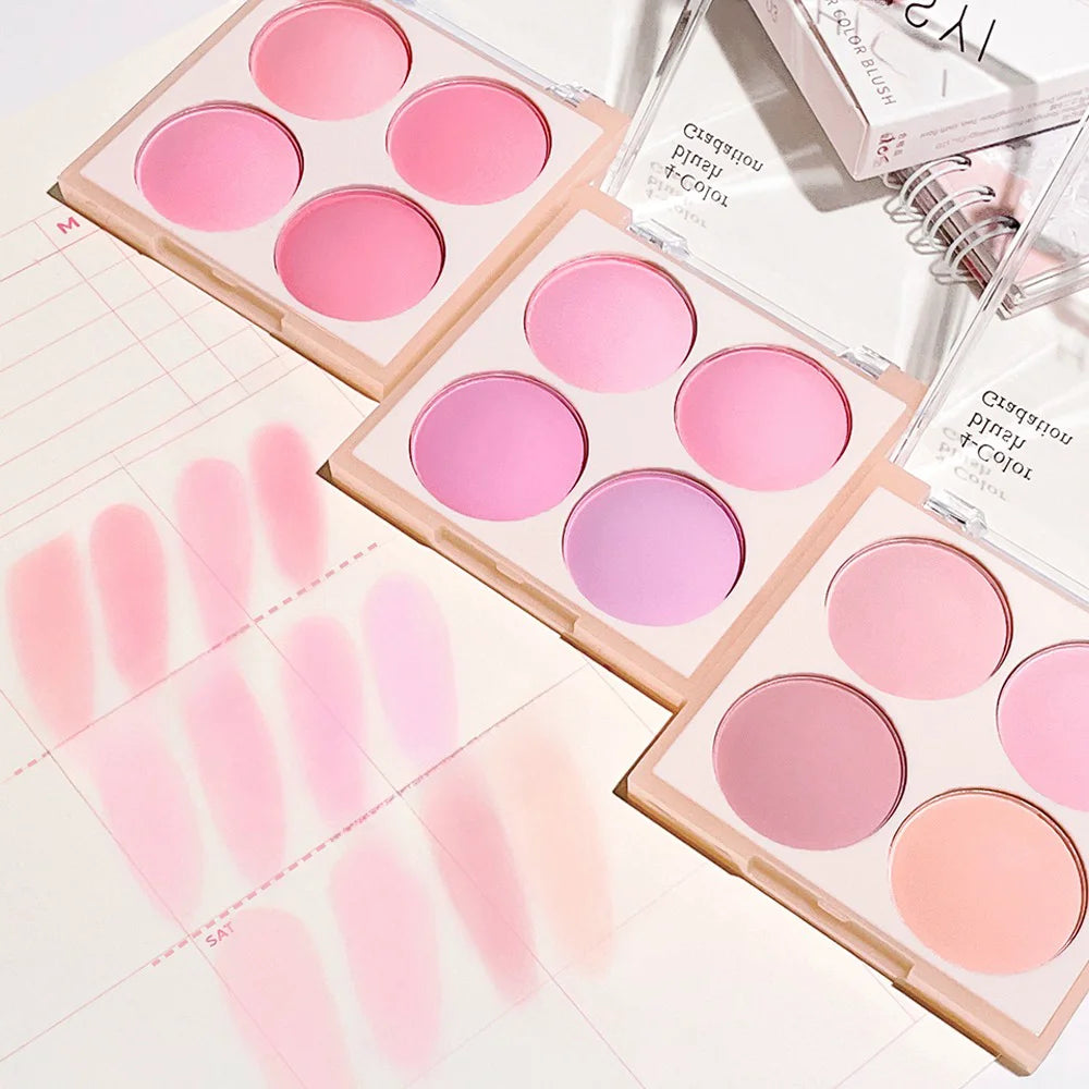 4-Color Matte Blush Palette – Soft Peach, Pink & Coral Tones for Natural 3D Korean-Style Look