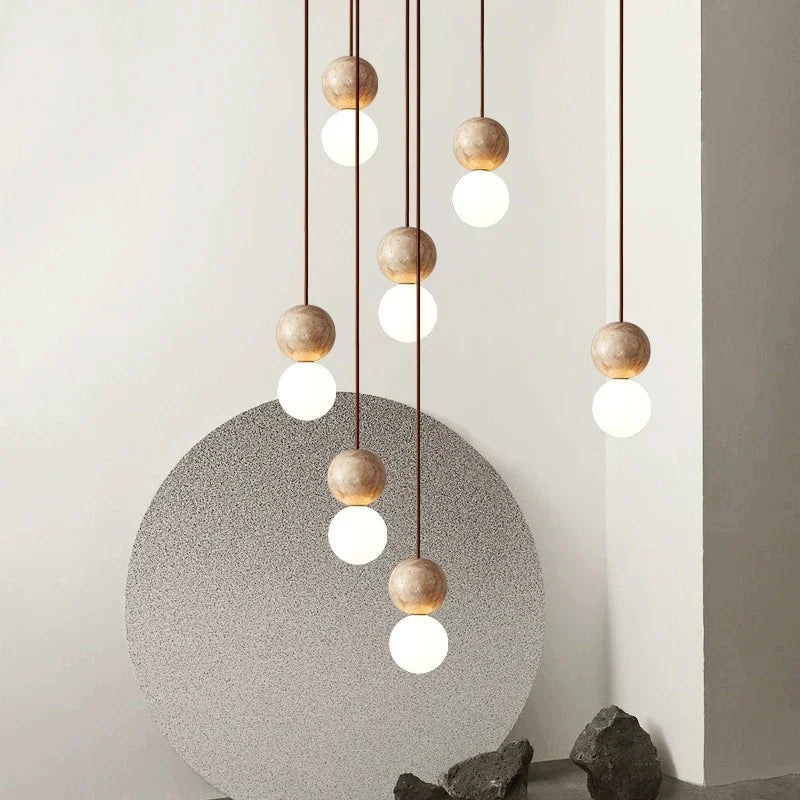 Stone Cream LED Pendant Light – Retro Round Ball Hanging Chandelier for Bedroom, Bedside, Bar, or Dining Table – Modern Long-Line Luminaire