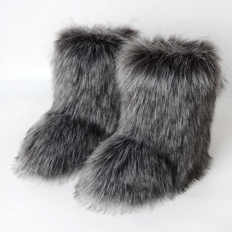 Women's Faux Fur Winter Snow Boots – Fluffy Plush Mid-Calf Slip-On Boots with Flat Sole for Cold Weather Comfort