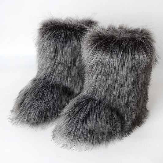 Women's Faux Fur Winter Snow Boots – Fluffy Plush Mid-Calf Slip-On Boots with Flat Sole for Cold Weather Comfort