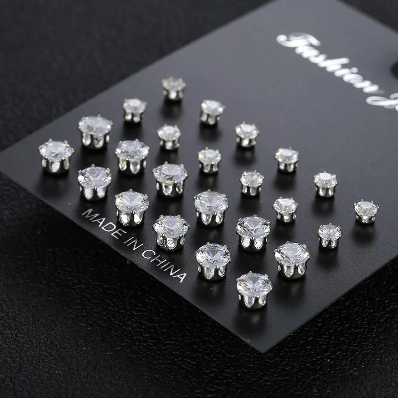 12-Pair Set Zircon Crystal Stud Earrings – Silver Color Round Ear Jewelry for Women and Men