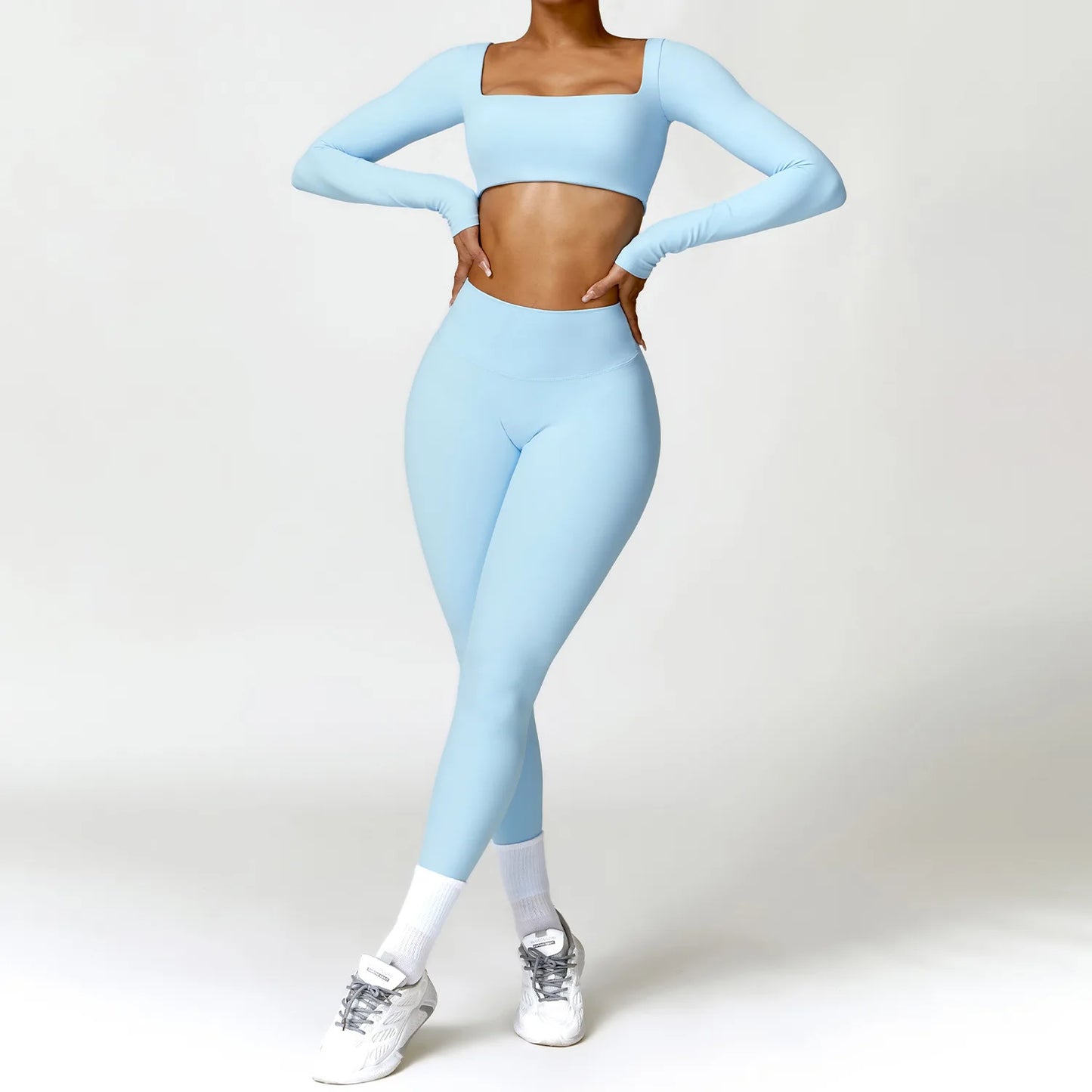 2PCS Quick-Dry Yoga Workout Set – Long Sleeve Top & High Waist Leggings for Women