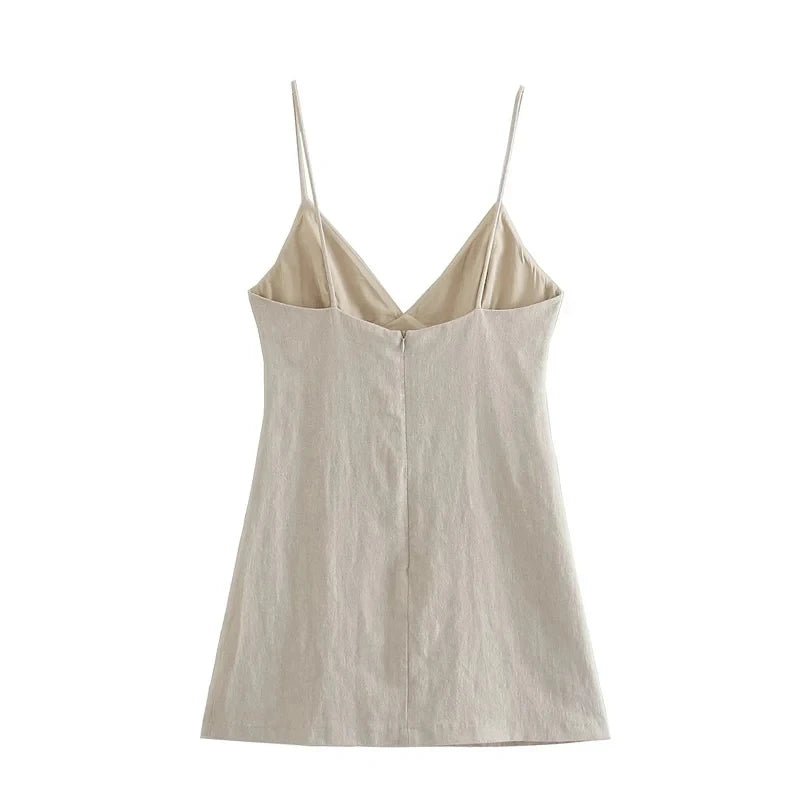 Chic Sleeveless Mini Dress – Thin Strap V-Neck A-Line Summer Dress for Women, Beach Style