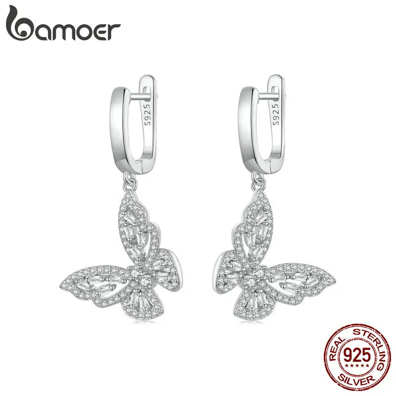 Sterling Silver CZ Butterfly Hoop Earrings – Elegant Dangle Charm Drop Earrings for Women and Girls