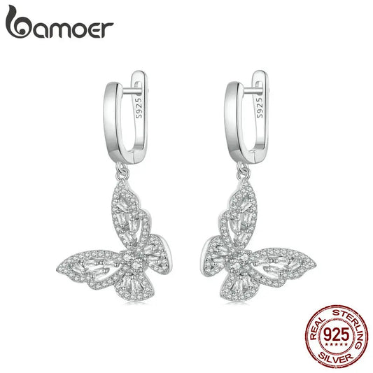 Sterling Silver CZ Butterfly Hoop Earrings – Elegant Dangle Charm Drop Earrings for Women and Girls