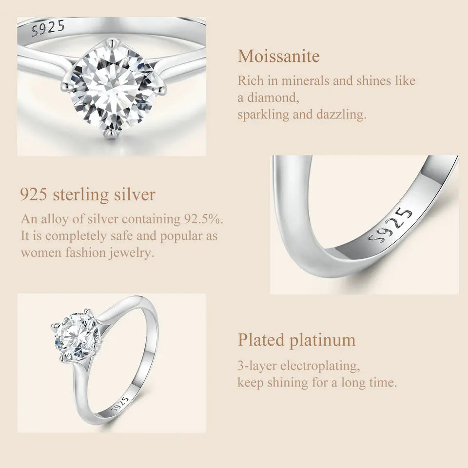 1.0CT D Color Moissanite Engagement Ring – Round Cut VVS1 Stone in 925 Sterling Silver Prong Setting