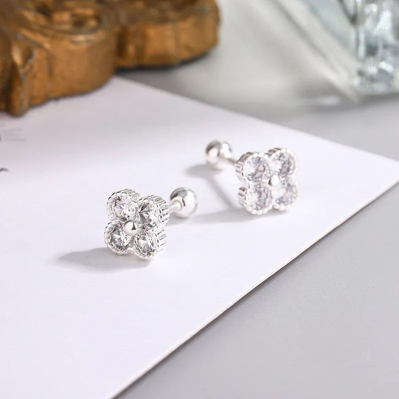 925 Sterling Silver Four-Round Zircon Stud Earrings for Women – Elegant Small Geometric Crystal Earrings for Party and Daily Wear