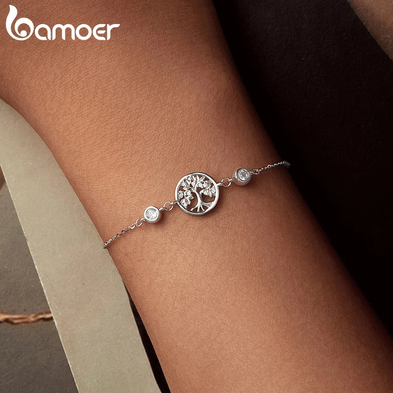 Tree of Life Bracelet – 925 Sterling Silver Adjustable Chain with Zircon Accents for Women