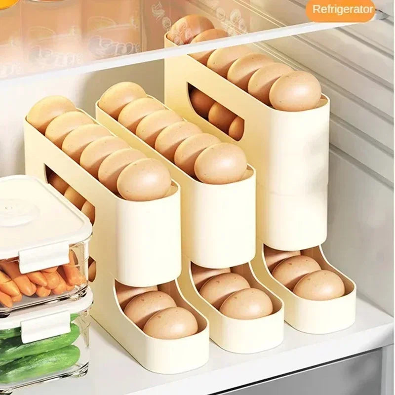 2–4-Layer Sliding Egg Storage Box – Ladder Style Refrigerator Organizer with Automatic Rolling Design