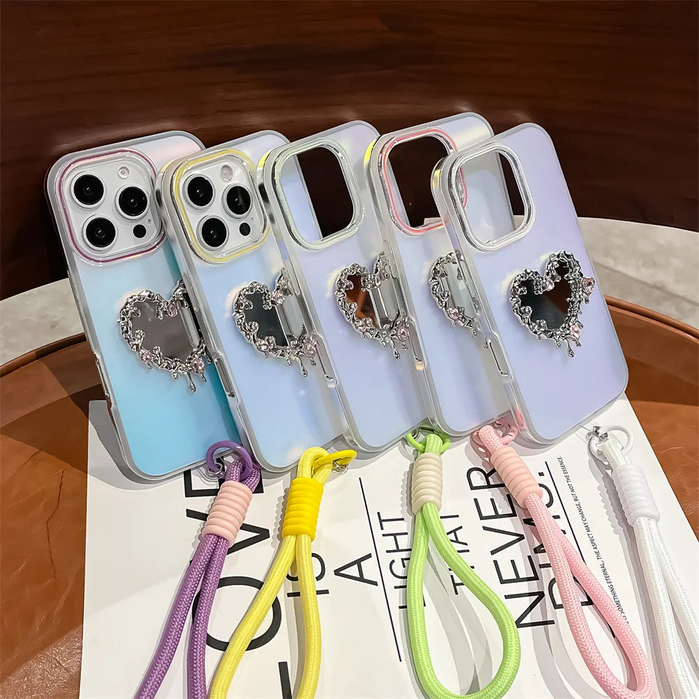 Aurora Love Heart Mirror Case with Wrist Strap for iPhone 16/15/14/13 Pro Max – Laser Gradient Lanyard Makeup Cover