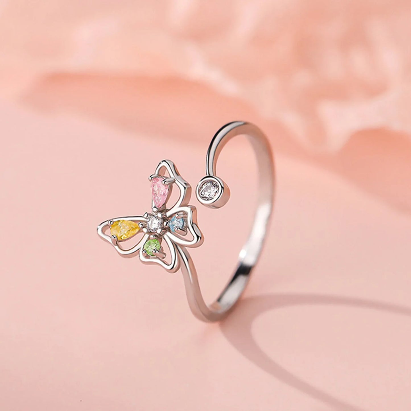 Vintage 925 Sterling Silver Adjustable Butterfly Ring with Zircon – Elegant Open Insect-Inspired Cocktail Ring for Women