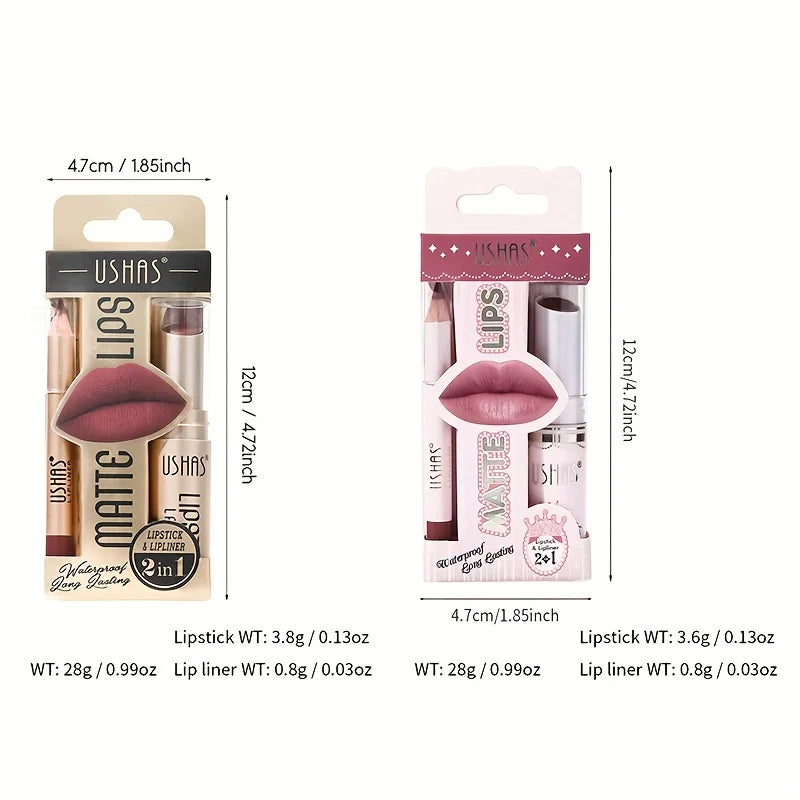 USHAS 12-Color Matte Lipstick & Lip Liner Set – Long-Lasting, Waterproof, Non-Stick Cup Makeup Kit