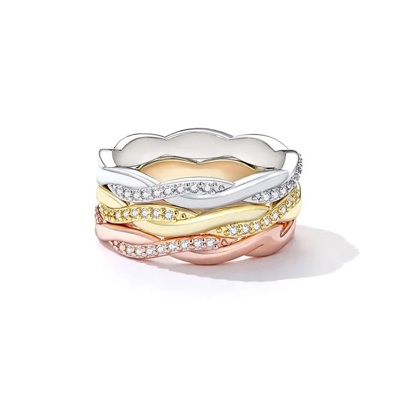 925 Sterling Silver Twisted Eternity Ring with Cubic Zirconia – 14K Gold Plated Wedding Band for Women