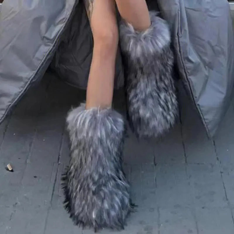 Women's Faux Fur Winter Snow Boots – Mid-Calf Plush Furry Slip-On Boots with Warm Lining and Rubber Sole