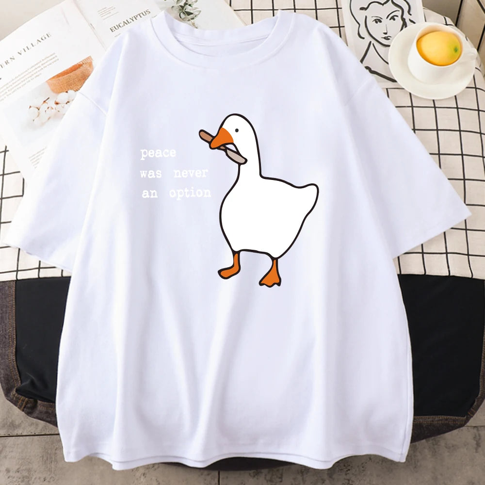"Peace Was Never An Option" Graphic Cotton T-Shirt – Casual Loose Fit Cartoon Print for Men