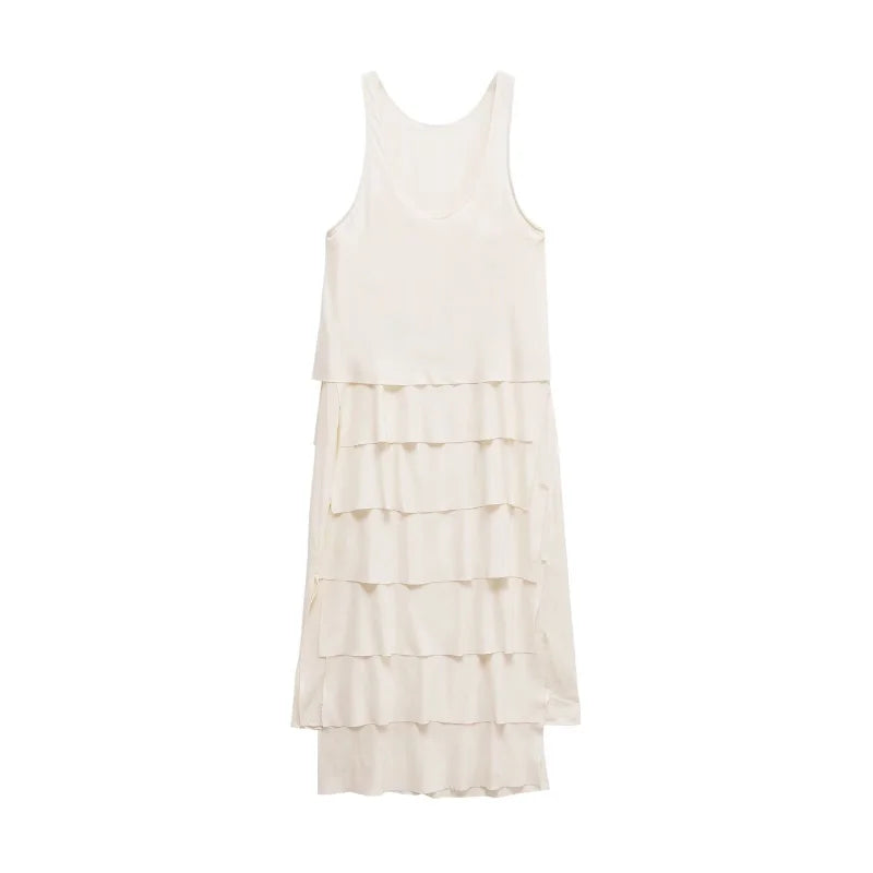 Sleeveless Tiered Cake Dress – Minimalist Flowy Summer Maxi with Soft Drape
