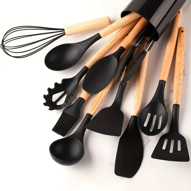 12-Piece Silicone Kitchen Utensil Set – Non-Stick Cooking Tools with Wooden Handles and Heat-Resistant Spatulas & Spoons