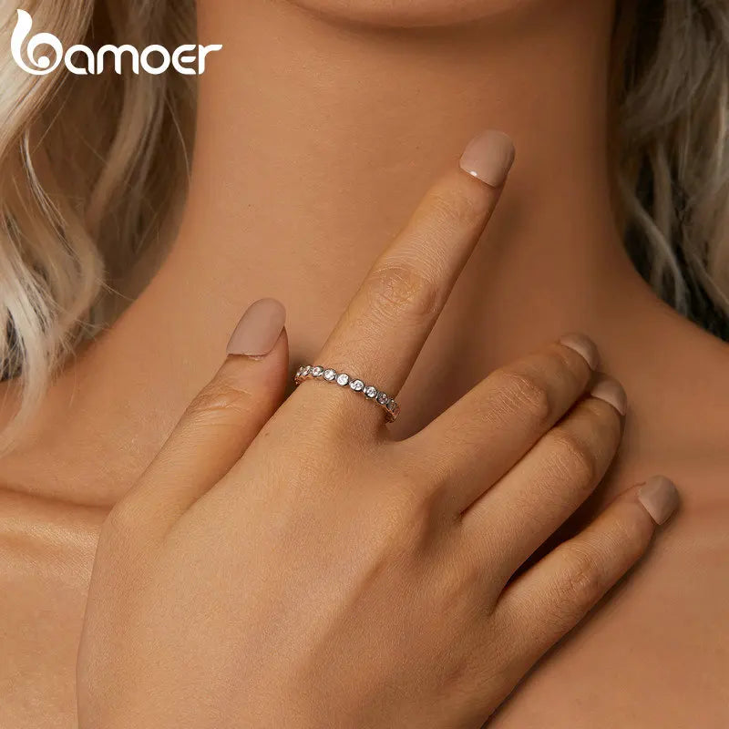 White Gold Plated Bubble Moissanite Ring – 925 Sterling Silver Bezel Set Full Eternity Band for Women