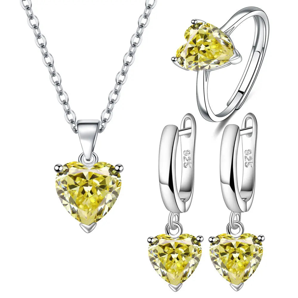 925 Sterling Silver Heart Zircon Jewelry Set – Necklace, Earrings & Ring for Women, Elegant Wedding & Engagement Accessory