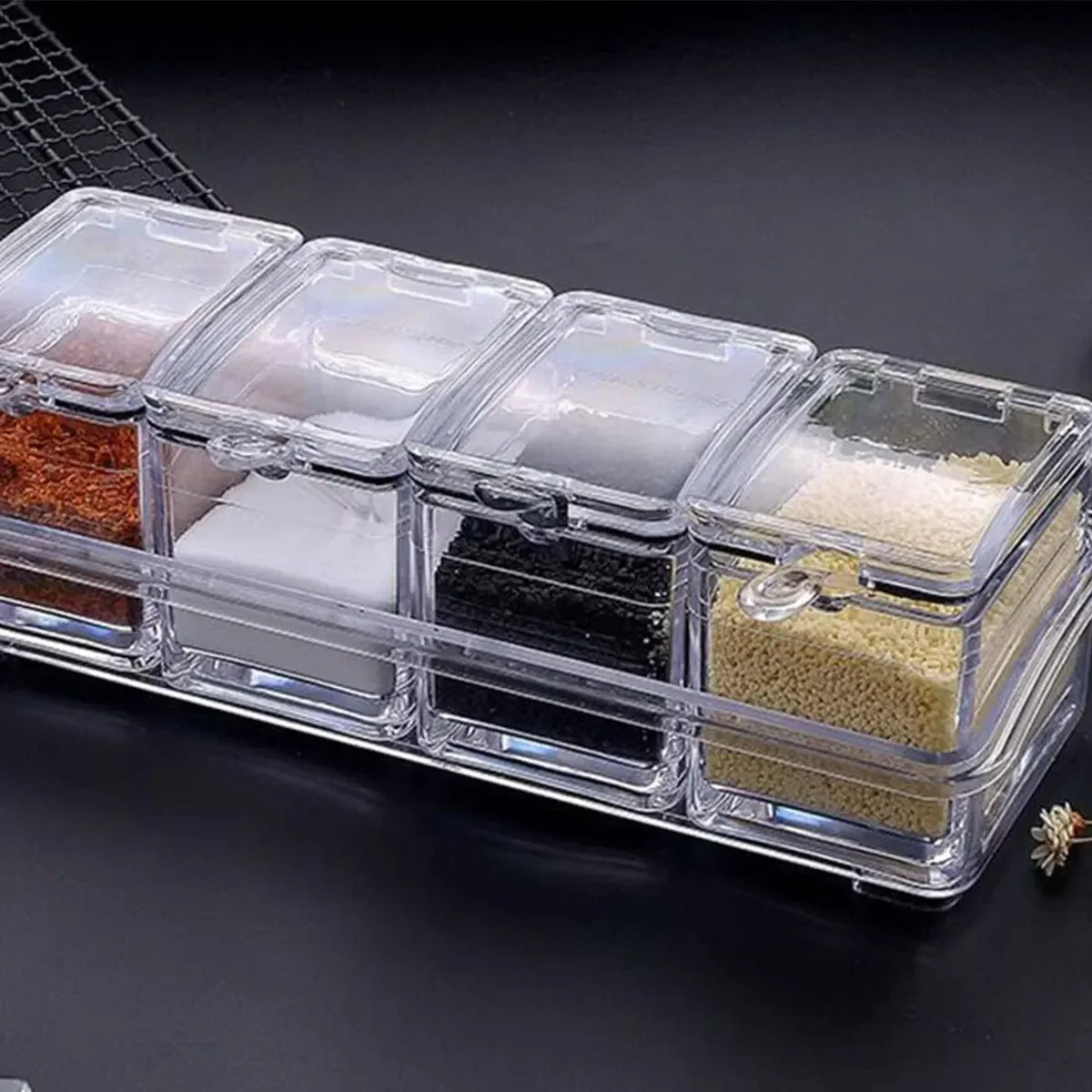 Clear Seasoning Box Set – 4 Crystal Spice Containers with Lids & Spoons, Compact Organizer for Kitchen or Camping