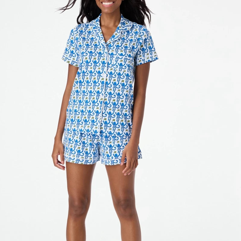 Women's Rainbow Monkey Print Pajama Set – Y2K Short Sleeve Button-Up Shirt and Shorts Lounge Sleepwear for Summer