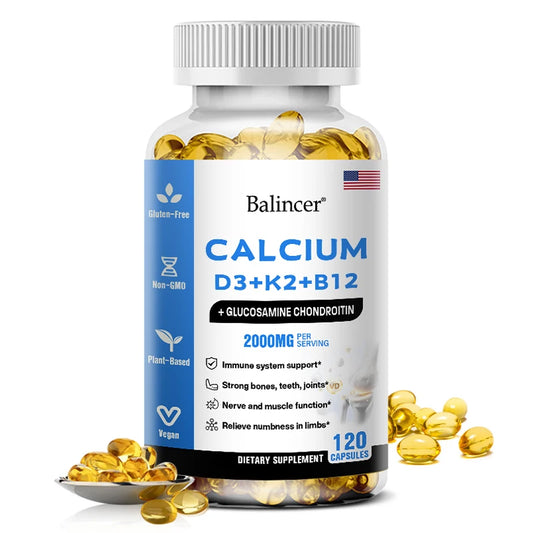 Calcium Supplement with Vitamins D3, K2 & B12 Plus Glucosamine Chondroitin – Bone, Teeth & Muscle Health Support – 120 Capsules