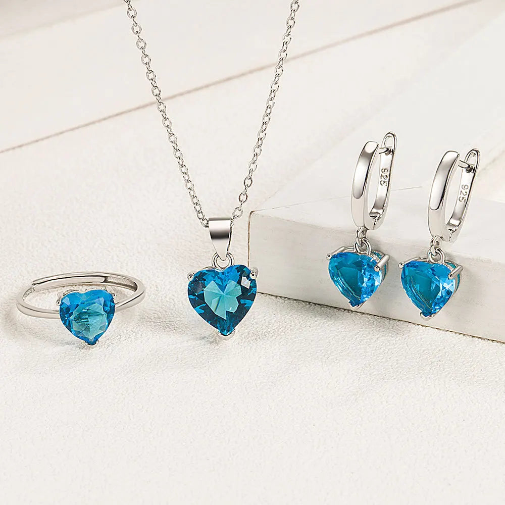 925 Sterling Silver Heart Zircon Jewelry Set – Necklace, Earrings & Ring for Women, Elegant Wedding & Engagement Accessory