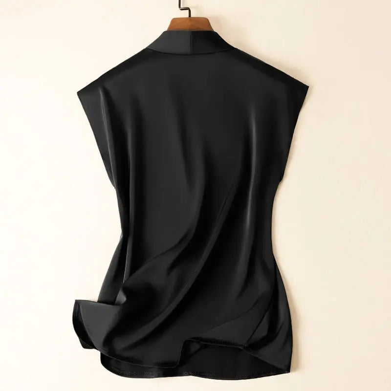 Silk-Blend Coffee V-Neck Sleeveless Blouse – Chic Casual Pullover for Women, Summer Korean Fashion