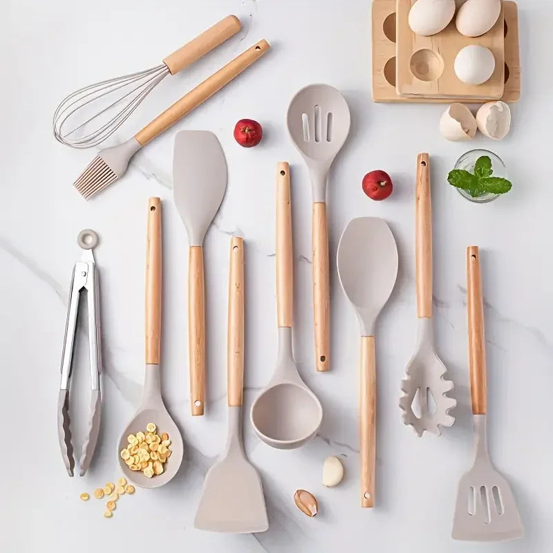 12-Piece Silicone Kitchen Utensil Set – Non-Stick Cooking Tools with Wooden Handles and Heat-Resistant Spatulas & Spoons