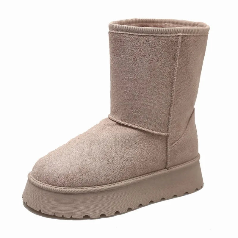 Winter Thick-Soled Mid-Calf Snow Boots with Fleece Lining – Slip-On Round Toe Cotton Shoes