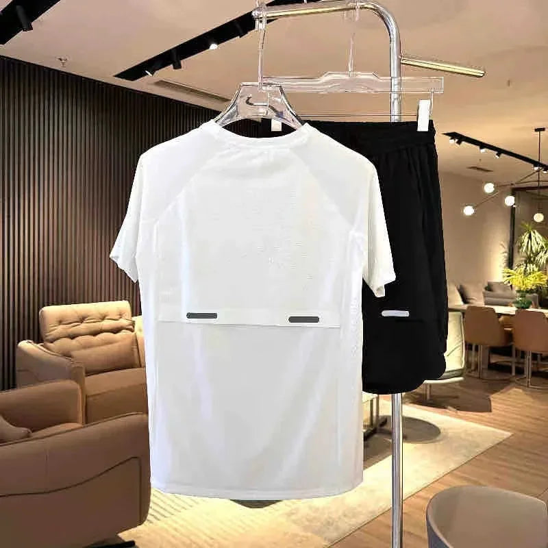Summer Men's Ice Silk Two-Piece Set – Breathable Perforated Short Sleeve Top and Quick-Dry Shorts for Sports and Leisure