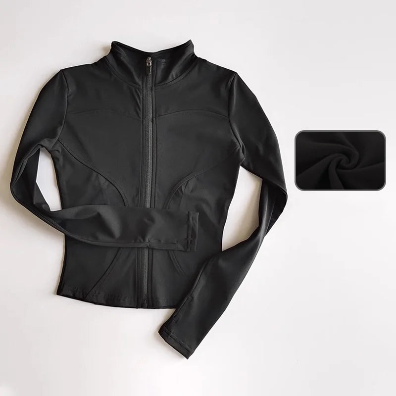Women's Quick-Dry Zip-Up Slim Fit Yoga Jacket – Long Sleeve Stand Collar Outdoor Fitness Top