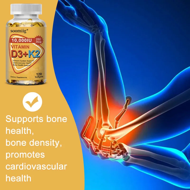Vitamin D3 & K2 Supplement – 10,000 IU for Immune Support, Bone Strength, Heart Health, Hair, Skin & Nails – 120 Capsules