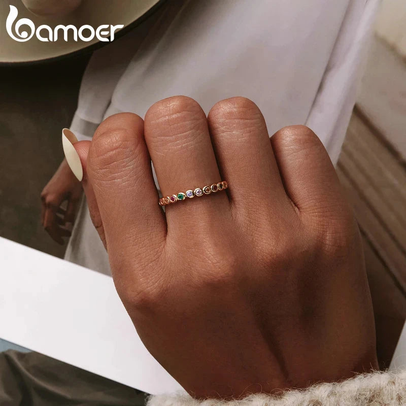 925 Sterling Silver Rainbow Zircon Ring – Dazzling Multicolor CZ Band for Women
