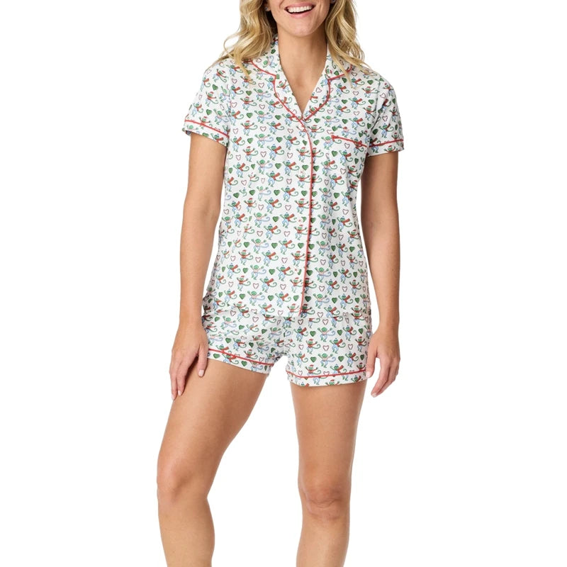 Women's Rainbow Monkey Print Pajama Set – Y2K Short Sleeve Button-Up Shirt and Shorts Lounge Sleepwear for Summer