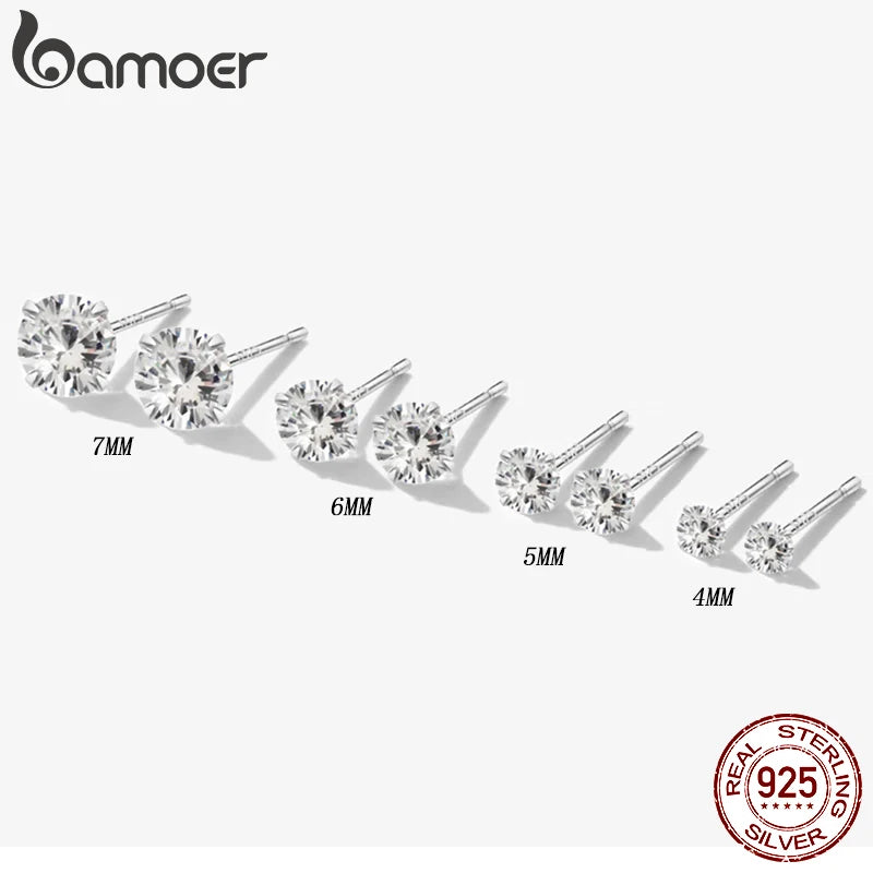 Sterling Silver CZ Stud Earrings – Round Platinum-Plated Hypoallergenic Zirconia in Multiple Sizes (4mm–7mm)