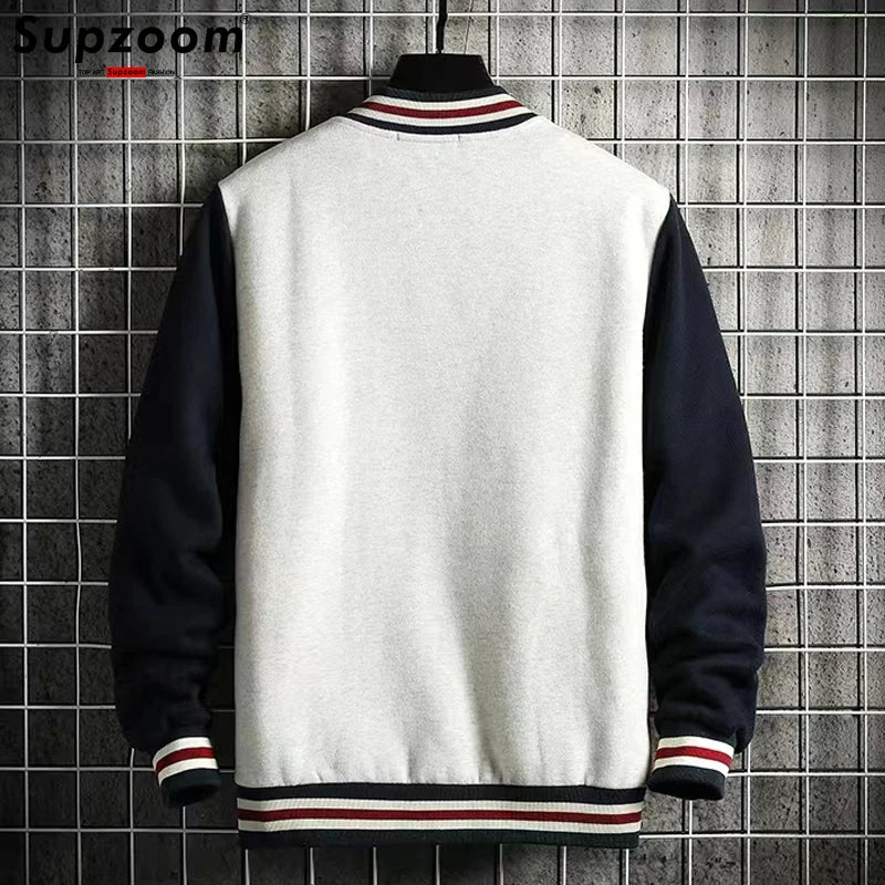 Supzoom Fleece Bomber Jacket for Men – Casual Baseball Uniform Style with Rib Sleeves and Cotton Lining