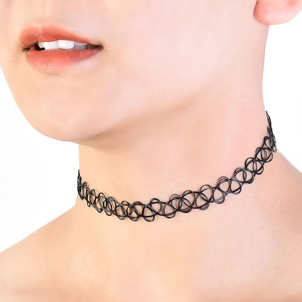 12-Piece Set Elastic Vintage Tattoo Choker Necklaces for Women – Stretchy Punk Style Neck Accessories