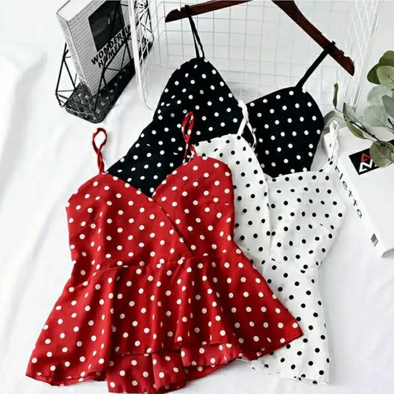 Women's Red Polka Dot Sleeveless Chiffon Blouse – V-Neck Short Pullover Top for Spring/Summer