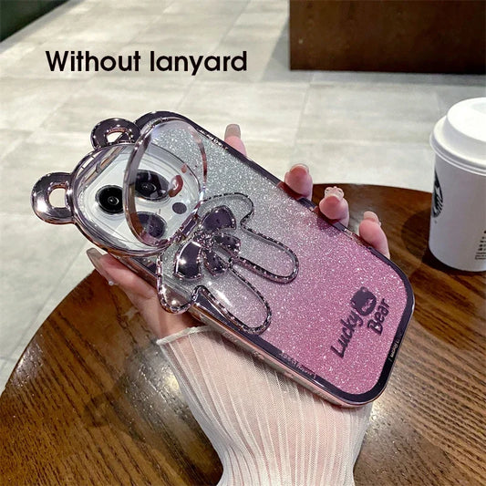 Cute Glitter Bear Crossbody Case for iPhone 11/12/13/14/15/16 Series – Gradient Soft Cover with Lanyard, Stand, and Camera Protection
